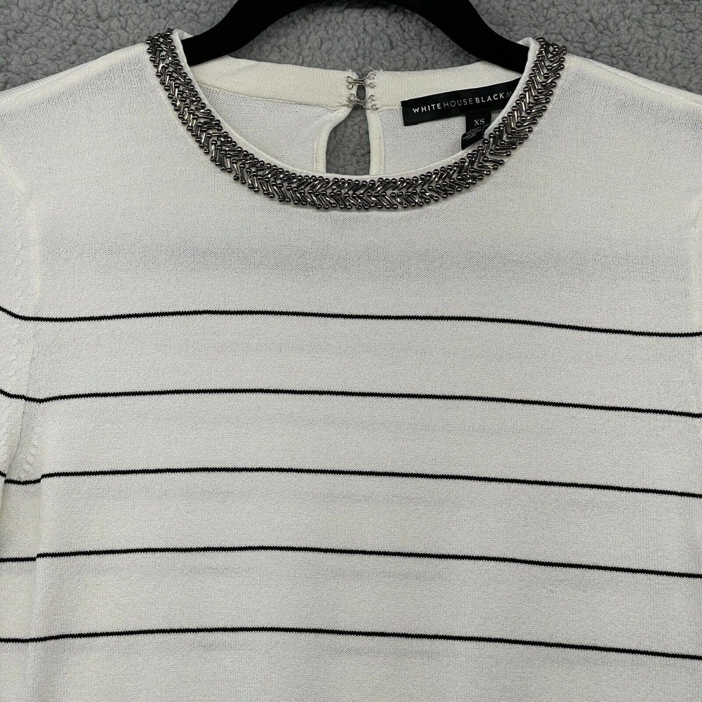 White House Black Market Women Blouse White Striped Beaded Long Sleeve Size XS - Picture 2 of 12